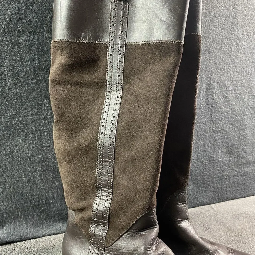Brown Boots Womens 39 Leather Suede Zip Block Heel Tall Knee High Flat Shoes US9